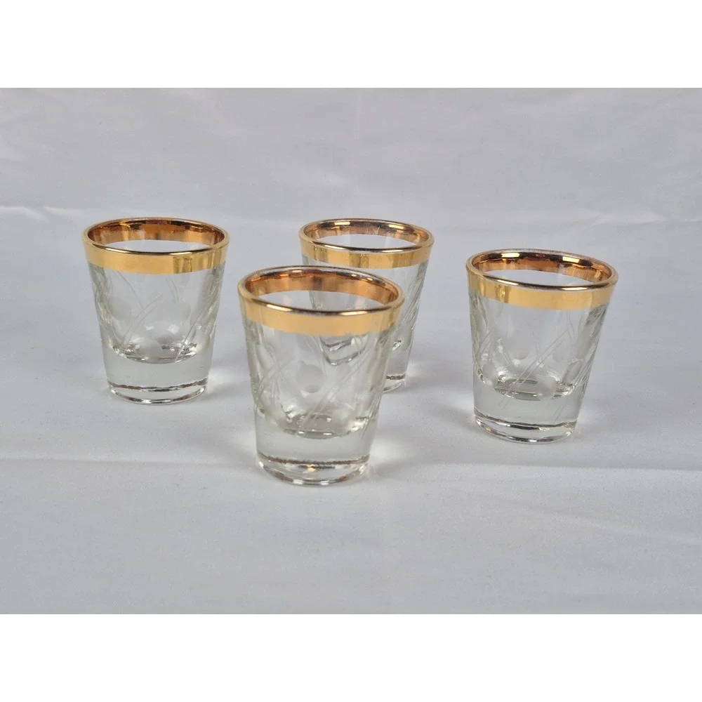 1950s Set of 4 Vintage Gold Rim Etched‎ Polka Dot Shot Glasses MCM Barware Glass